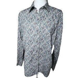Lands End Blouse Women's Sz 16 Blue White Floral Long Sleeve 100% Cotton No Iron